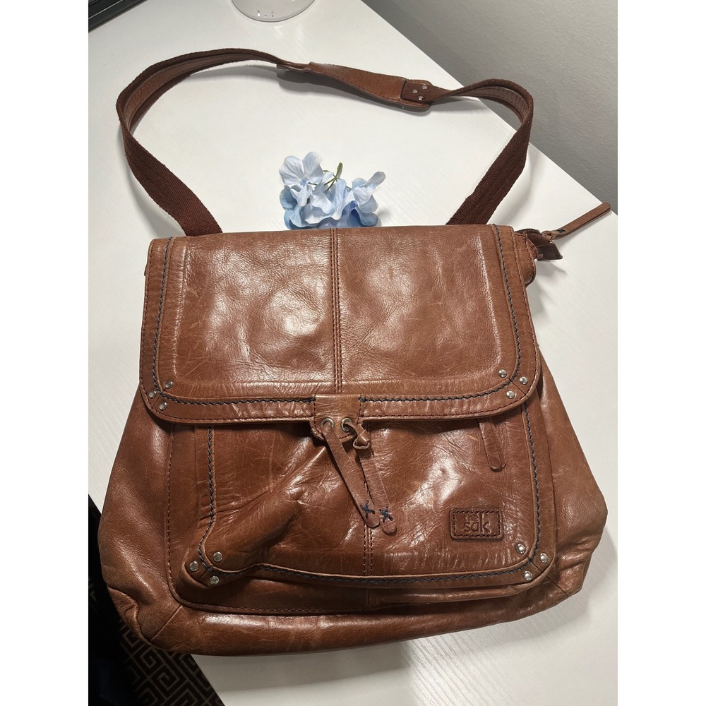 The Sak Brown Leather Convertible Backpack Crossbody Shoulder Bag Studded Flap